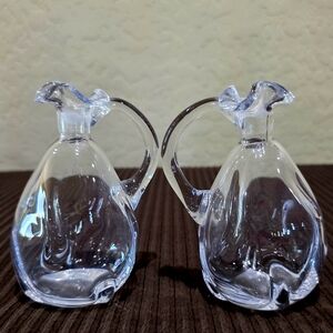 Vintage Mid Century MCM Hand Blown Crystal Crimp Top Handled Cruet Set